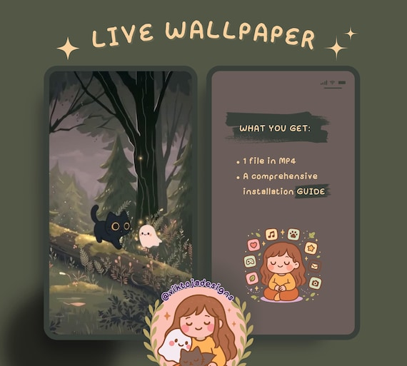 forest walk inky Cat Live Wallpaper: Kawaii Hygge iOS/Android (MP4)