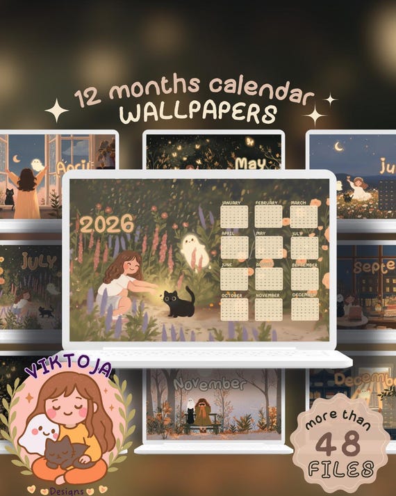 2026 Calendar Wallpaper: Cat & Ghost Desktop Organizer (Digital Download)