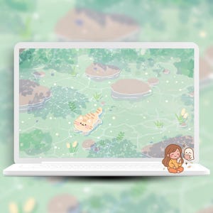 May include: A white laptop displays a whimsical illustration of a tabby cat floating in water, surrounded by rocks and greenery. A small cartoon figure sits on the laptop's edge. The background is a blurred green and brown landscape.