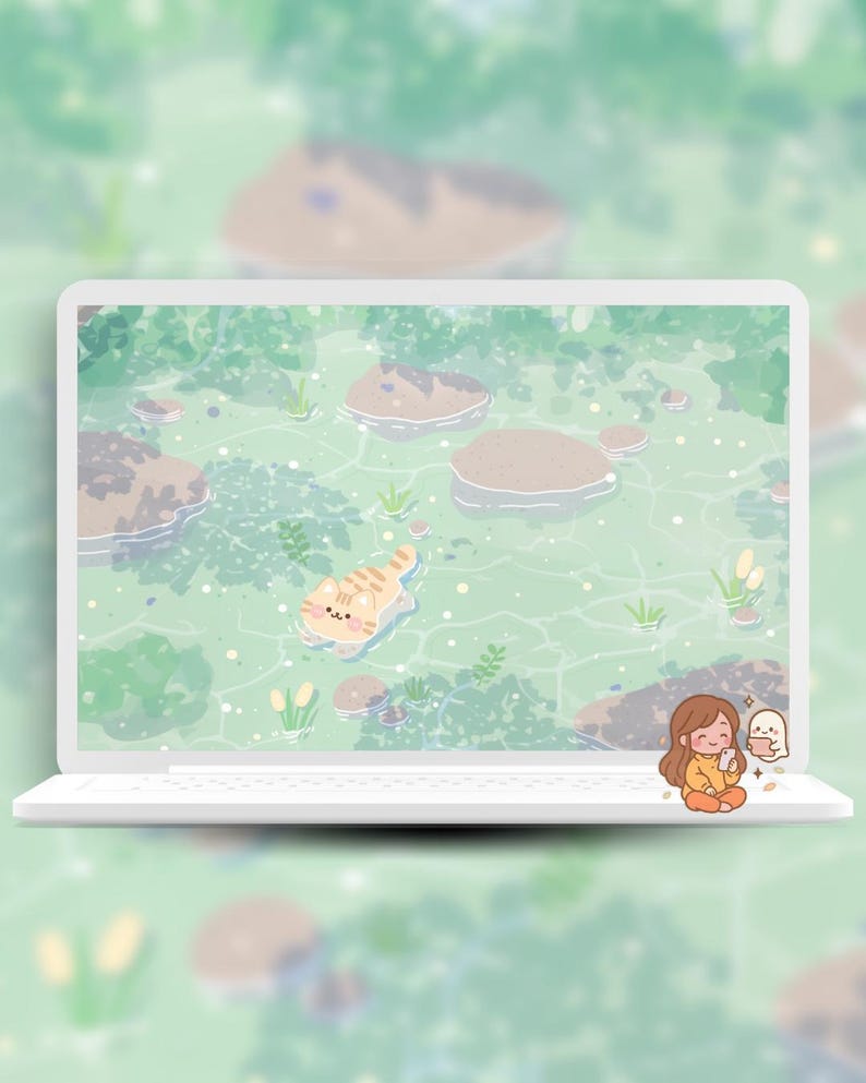 May include: A white laptop displays a whimsical illustration of a tabby cat floating in water, surrounded by rocks and greenery. A small cartoon figure sits on the laptop's edge. The background is a blurred green and brown landscape.