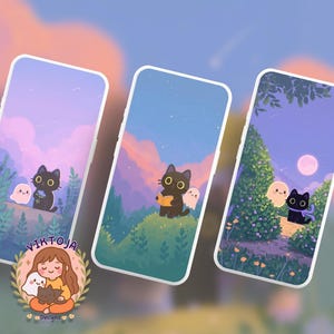May include: Three phone cases with whimsical illustrations. Each case features a black cat with large yellow eyes and a ghost. The backgrounds depict a night scene, a starry sky, and a garden with a full moon. A logo with a girl and a cat is also visible.