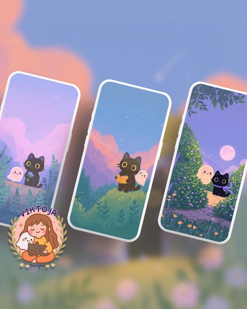 May include: Three phone cases with whimsical illustrations. Each case features a black cat with large yellow eyes and a ghost. The backgrounds depict a night scene, a starry sky, and a garden with a full moon. A logo with a girl and a cat is also visible.