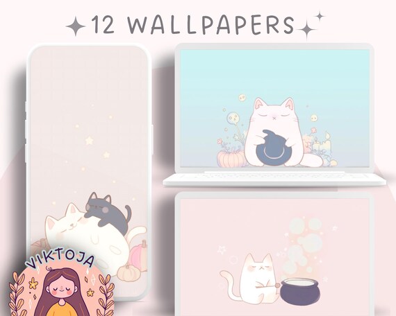 Halloween Cat Wallpaper: Kawaii Autumn Screensavers (Digital Download)