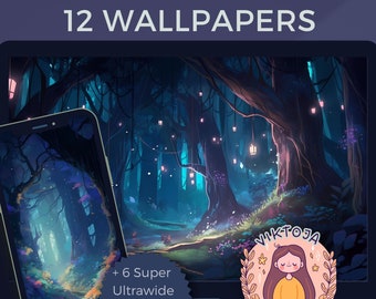 Lila Nacht Wallpaper Bundle: 12 digitale Kunstwerke für Handy & Desktop, niedlicher Anime, Sofort Download.