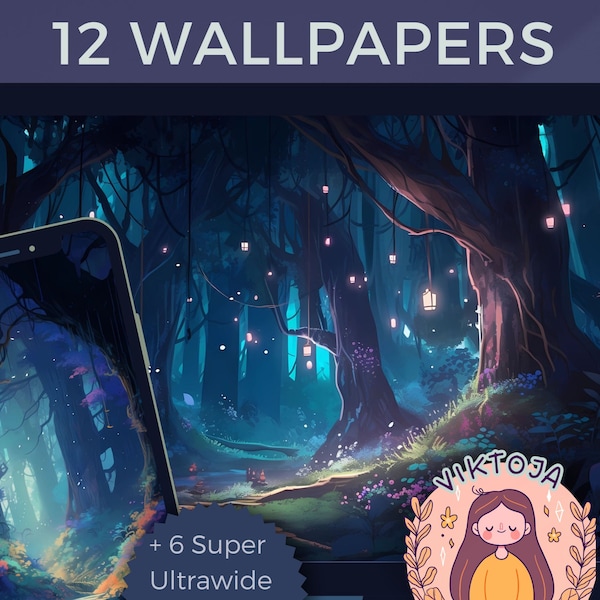 Studio Ghibli inspired purple night Wallpaper Bundle: 12 Digital Artworks for Mobile & Desktop, Cute Anime, Instant Download.