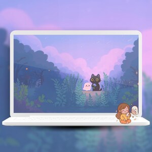 May include: A laptop displays a whimsical digital illustration. The artwork features a black cat, a ghost, and a girl, all with large eyes, set against a backdrop of a forest and a purple sky. The laptop is white.