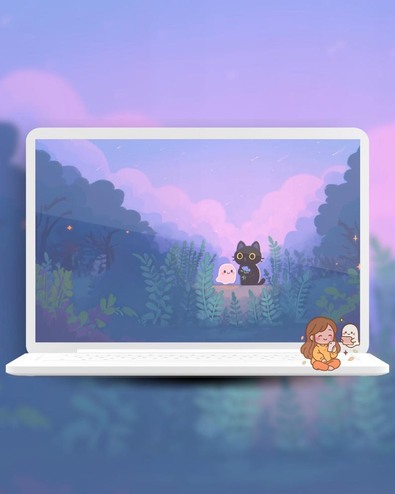 May include: A laptop displays a whimsical digital illustration. The artwork features a black cat, a ghost, and a girl, all with large eyes, set against a backdrop of a forest and a purple sky. The laptop is white.
