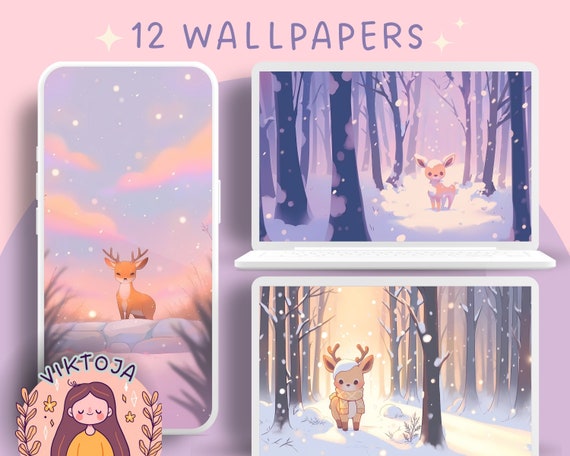 Kawaii Deer Winter Wallpaper: Cozy Christmas Screensaver (Digital Download)