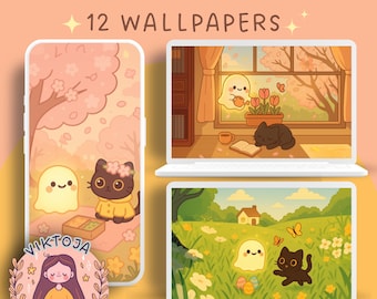 Kawaii Ghostie Wallpaper: Pastel Pink Flower Screensaver (Digital Download)