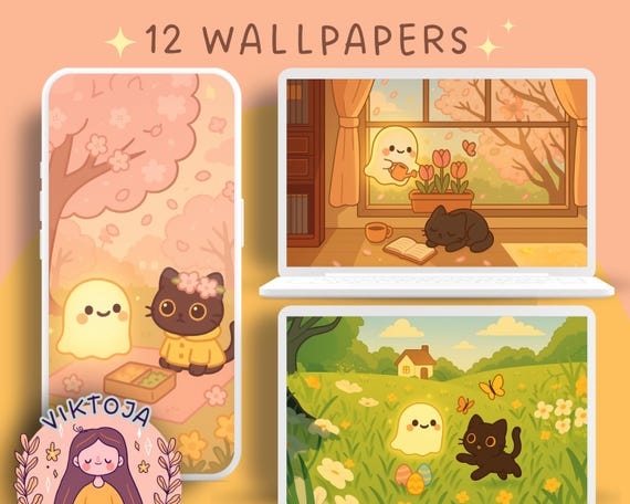 Kawaii Ghostie Wallpaper: Pastel Pink Flower Screensaver (Digital Download)