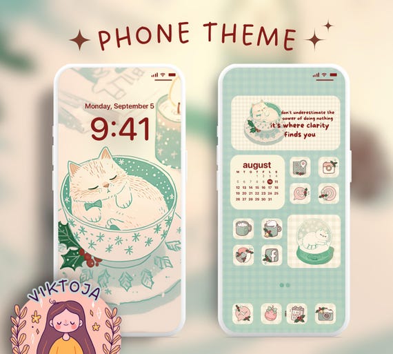 Christmas Cat Phone Theme: iOS & Android Icons, Holiday Wallpaper (Digital Download)