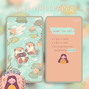 May include: A digital illustration of two otters playing a video game on a Nintendo Switch in a blue and green water scene with lily pads. The text "LIVE WALLPAPER" is at the top of the image. The text "VIKTOJA" is at the bottom of the image. The text "WHAT YOU GET:" is on the right side of the image. The text "1 file in MP4", "1 file in PNG", "A comprehensive installation GUIDE" is on the right side of the image.