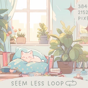 May include: A white cat sleeps on a blue and white pillow in a sunlit room with a window, books, and plants. The text "SEEM LESS LOOP" is on the bottom of the image.