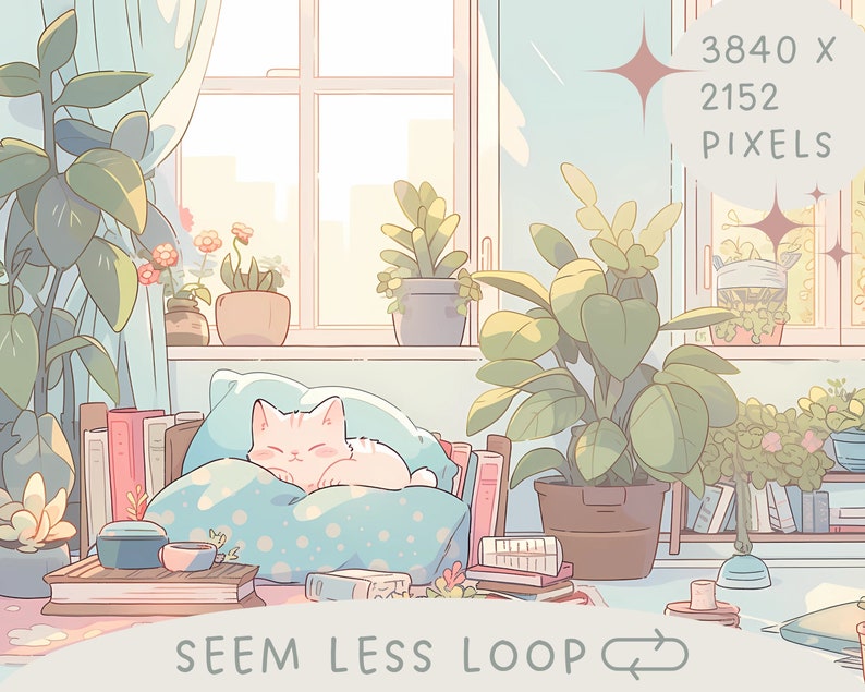 May include: A white cat sleeps on a blue and white pillow in a sunlit room with a window, books, and plants. The text "SEEM LESS LOOP" is on the bottom of the image.