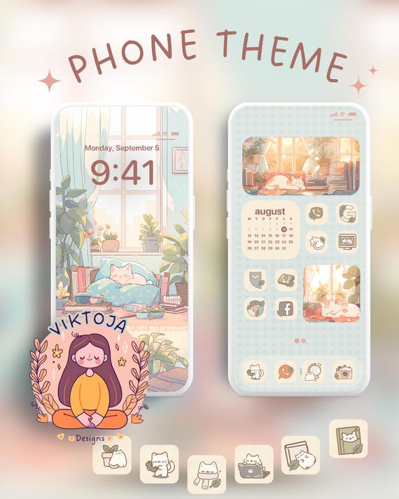Cat & Plants Phone Theme: Kawaii iOS/Android Icons (Digital Download)