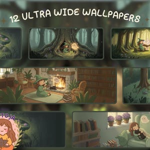 Puede incluir: Arte digital con 12 fondos de pantalla ultra anchos con ilustraciones caprichosas. La obra de arte representa escenas de una bruja en varios entornos, incluyendo un bosque, una habitación acogedora con chimenea y un rincón de lectura. La paleta de colores incluye verdes, marrones e iluminación suave.