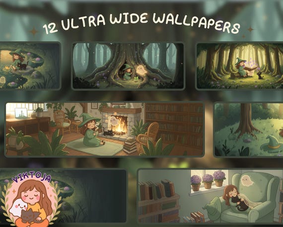 Kawaii Halloween Ultrawide Wallpaper: Witch, Cat & Ghost (Digital Download)