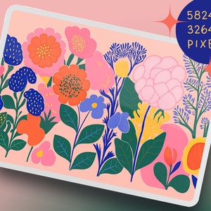 May include: A digital illustration of a floral pattern with pink, red, orange, yellow, blue, and green flowers on a light pink background.