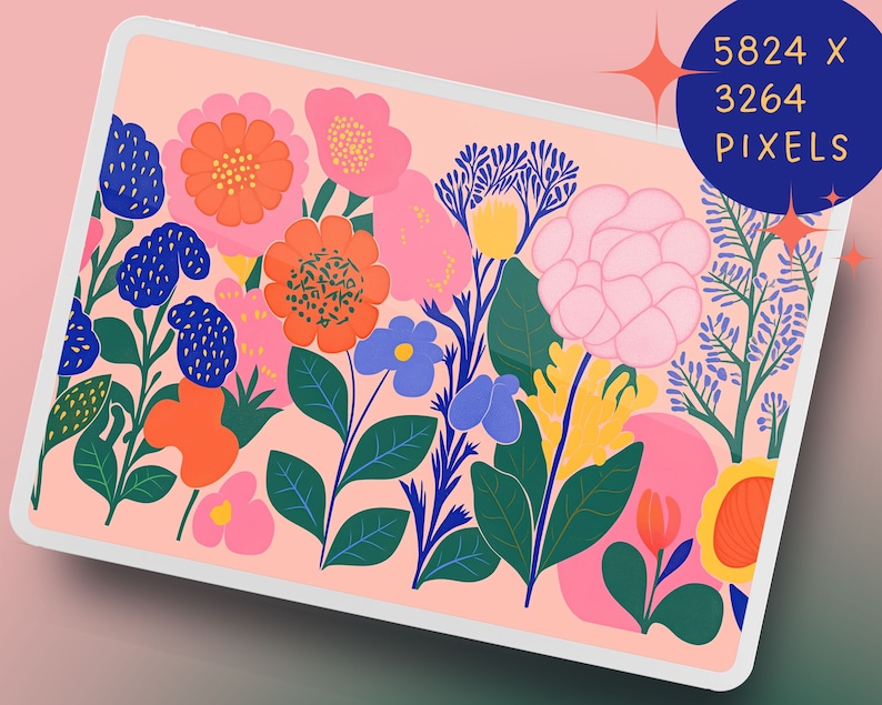 May include: A digital illustration of a floral pattern with pink, red, orange, yellow, blue, and green flowers on a light pink background.