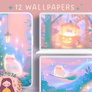 May include: A set of 12 digital wallpapers featuring cute illustrations of cats in a magical forest setting. The wallpapers feature a pastel colour palette with pink, blue, and purple hues. The cats are depicted in various poses, including flying on a broomstick and sitting in a pumpkin.