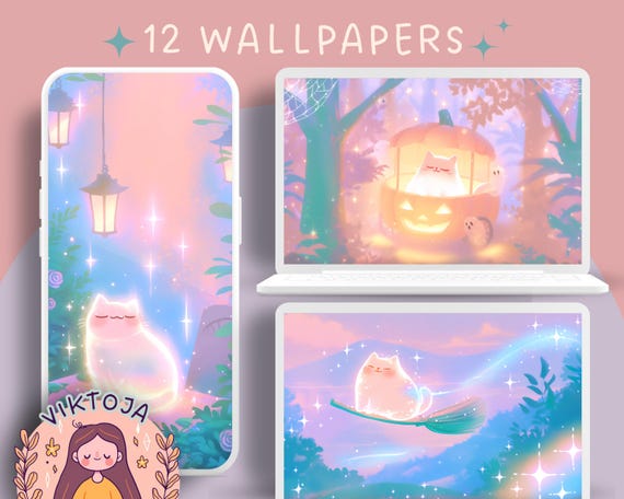 Halloween Cat Wallpaper: Kawaii Autumn Screensaver (Digital Download)