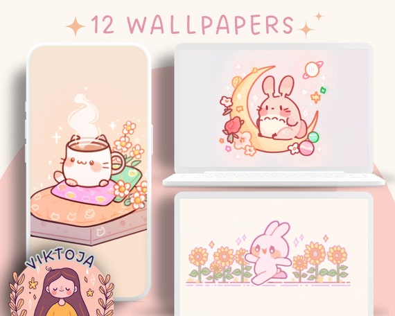 Kawaii Pastel Wallpaper Set – Desktop & Mobile Backgrounds (Digital Download)