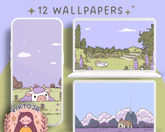 Lilac Green Wallpaper Set, Phone Tablet Backgrounds (Digital Download