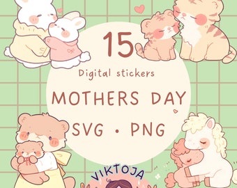 May include: A set of 15 digital stickers featuring cute animal mothers and their babies. The stickers are perfect for Mother's Day and feature a variety of animals, including bunnies, tigers, and horses. The stickers are available in SVG and PNG formats.