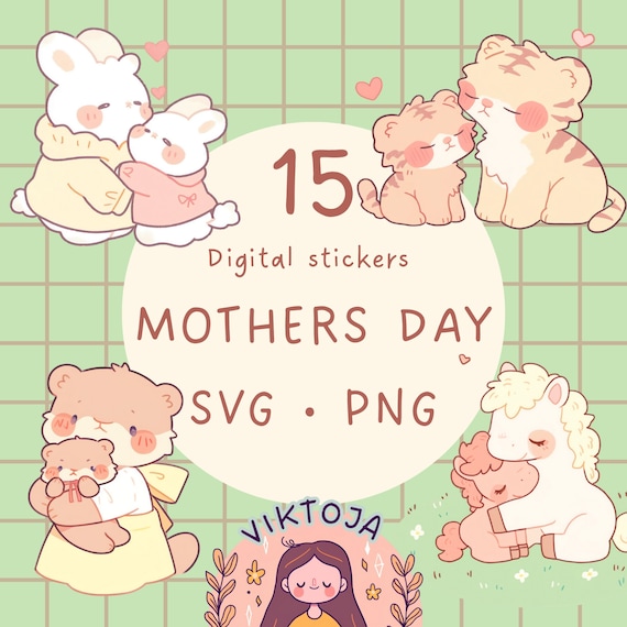 Kawaii Anime Animals Clipart: Mother's Day PNG SVG Graphics (Digital Download)