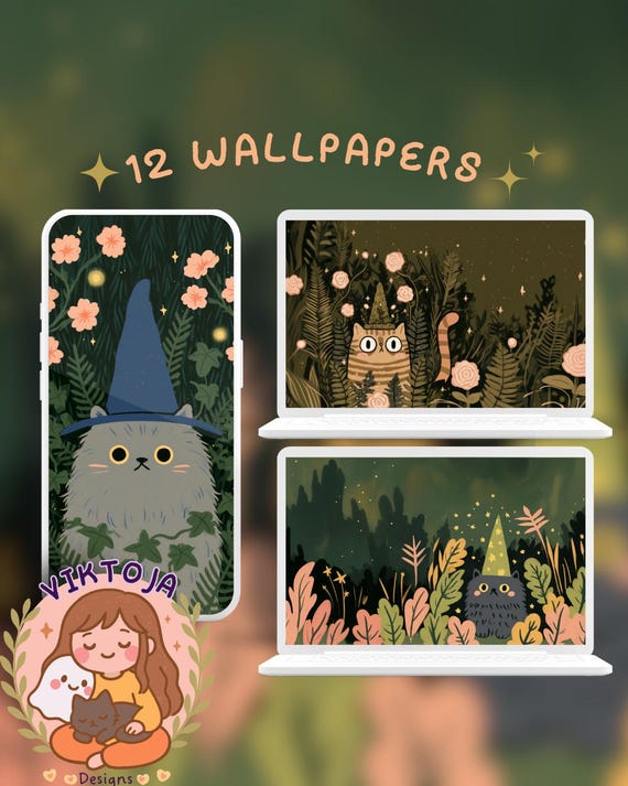 Green witch cat Wallpaper Set: woodland whimsical (Digital Download)