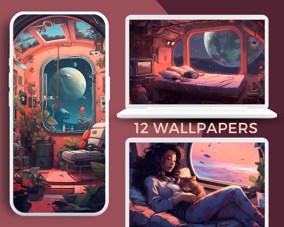 Lofi Spaceship Wallpaper, Cozy Anime Scenes (12 Files) (Digital Download)