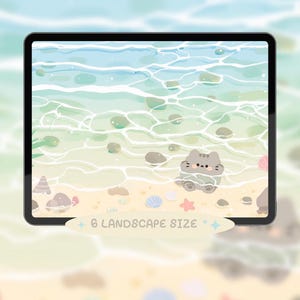 May include: A digital tablet displays a beach scene with a cartoon cat in the water. The illustration features a sandy shore, clear water, and various seashells. The text "6 LANDSCAPE SIZE" is displayed on a banner at the bottom.