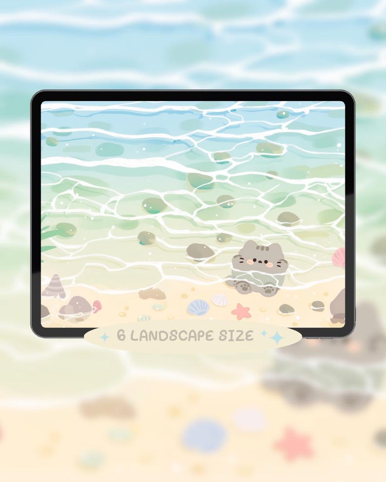 May include: A digital tablet displays a beach scene with a cartoon cat in the water. The illustration features a sandy shore, clear water, and various seashells. The text "6 LANDSCAPE SIZE" is displayed on a banner at the bottom.