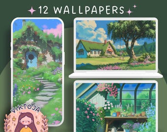 May include: A digital collage of 12 wallpapers featuring a green cottage with a blue door, a house with a thatched roof, and a garden with flowers and greenery.