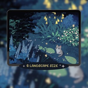 May include: A digital illustration on a tablet depicting a tranquil night garden. A grey tabby cat is positioned near a pond with lily pads. The scene includes vibrant greenery, glowing yellow flowers, and the text "6 LANDSCAPE SIZE".