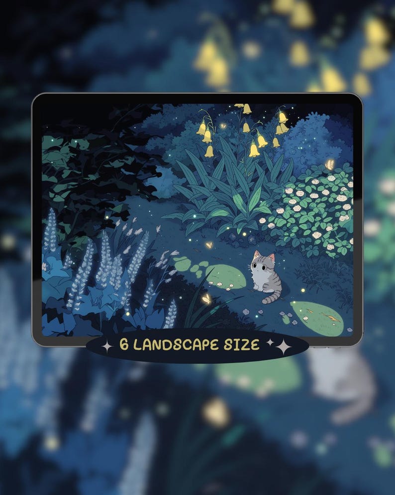 May include: A digital illustration on a tablet depicting a tranquil night garden. A grey tabby cat is positioned near a pond with lily pads. The scene includes vibrant greenery, glowing yellow flowers, and the text "6 LANDSCAPE SIZE".