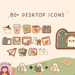 May include: A set of 80+ desktop icons featuring cute ghost illustrations in various poses. The icons are in a cartoon style with an autumn theme, including pumpkins, leaves, and coffee cups. The icons are perfect for adding a touch of whimsy to your desktop.