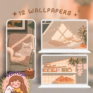 May include: A digital collection of 12 wallpapers displayed on a smartphone and two laptop screens. The illustrations feature a white cat on a chair, a cozy bedroom with string lights, and a kitchen shelf with jars and fruit, all in warm tones.