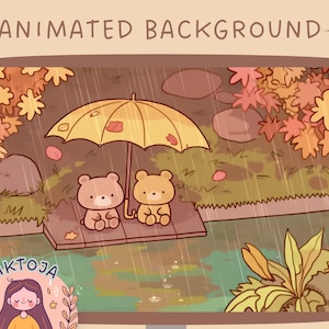 May include: An animated background featuring two cartoon bears under a yellow umbrella in the rain. The umbrella has red heart-shaped accents. The background includes autumn leaves and the text "ANIMATED BACKGROUND".