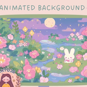 Könnte beinhalten: Eine digitale Illustration einer Nachtszene mit einem Fluss, der durch ein Feld mit rosa und gelben Blumen fließt. Ein weißes Kaninchen sitzt am Fluss, und ein Vollmond leuchtet am Himmel. Der Text "ANIMATED BACKGROUND" befindet sich oben im Bild.
