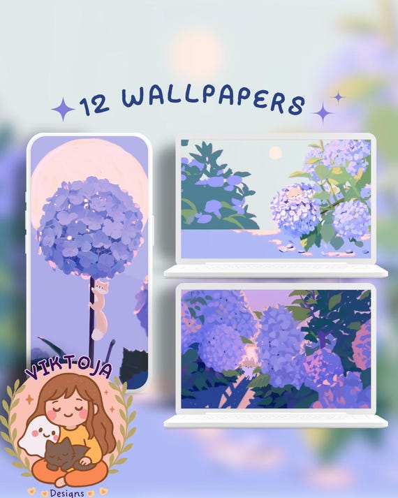 blue hydrangea fox Wallpaper: Pastel Kawaii Phone & Desktop Backgrounds (Digital Download)