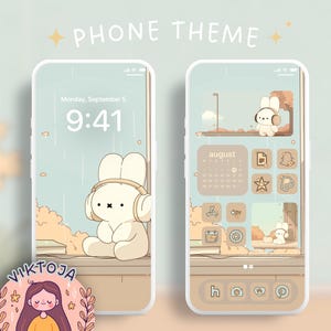May include: A phone screen with a light blue and brown background. The phone screen has a clock that reads 9:41, the date Monday, September 5, and the word "August" with a calendar. The phone screen also has a variety of icons, including a star, a folder, a rabbit, and a camera. The phone screen is surrounded by a white border.