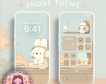 Headphones bunny phone theme iOS autumn theme android fall theme cute phone icons cozy wallpaper kawaii theme ipad theme tablet wallpaper