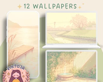 May include: A set of 12 digital wallpapers featuring soft, pastel colours and illustrations of nature scenes. The wallpapers include a lake with a dock, a river flowing through a park, and a garden with a fountain.