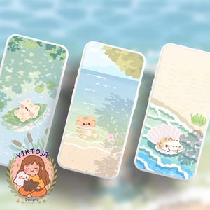 May include: Three white phone cases with beach-themed illustrations. One case features a cat on a lily pad, another shows a cat in the water, and the third has a cat in a seashell. The cases have a light blue background.