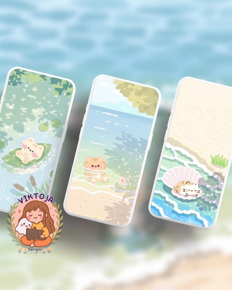 May include: Three white phone cases with beach-themed illustrations. One case features a cat on a lily pad, another shows a cat in the water, and the third has a cat in a seashell. The cases have a light blue background.
