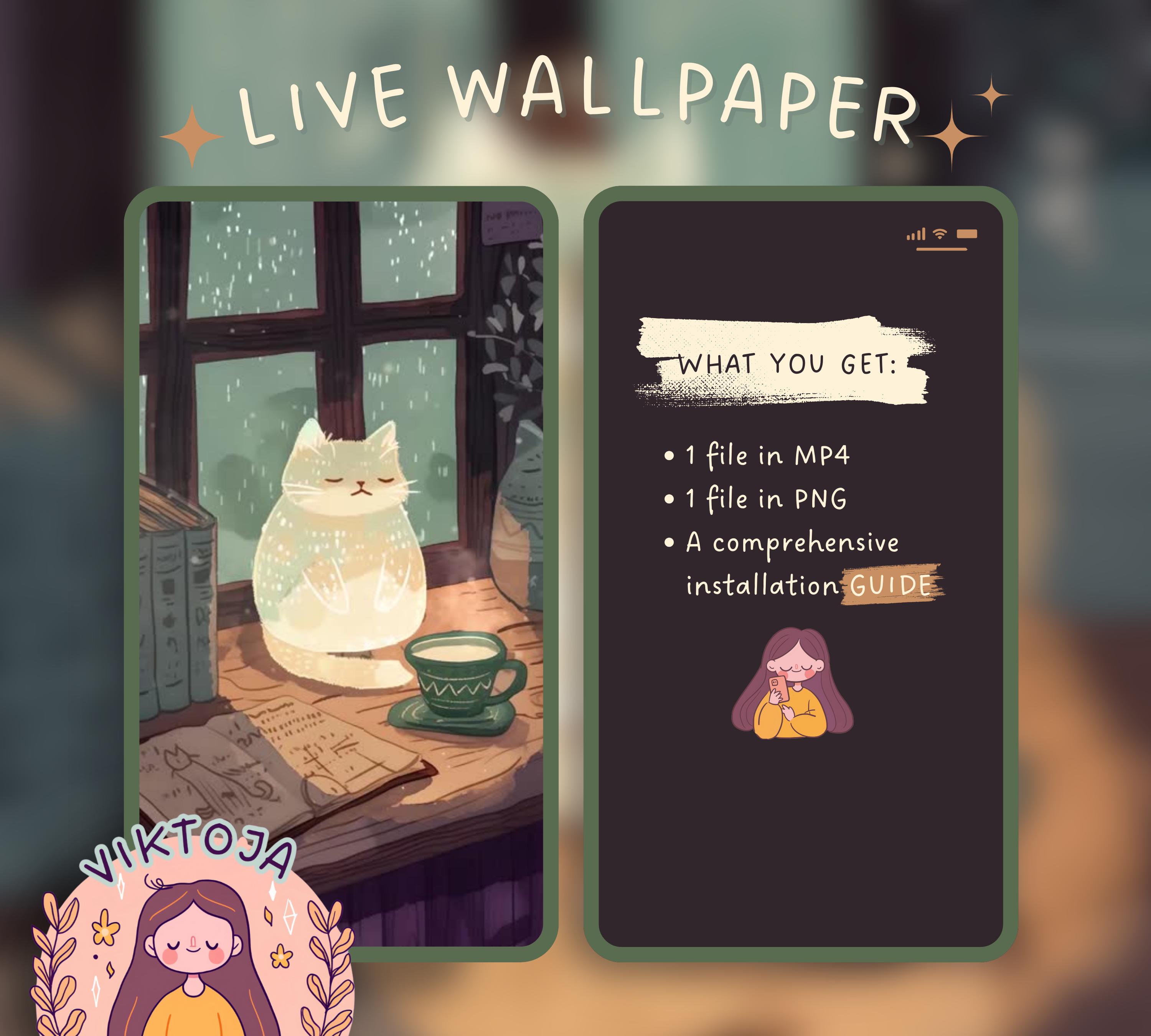 Cozy Rain Cat Live Wallpaper: Hygge iOS/Android (MP4 & PNG)