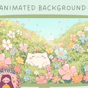Sfondo animato Vtuber per Twitch, accoglienti gatti e fiori lofi, sovrapposizione di flusso carino, sfondo in loop, ambiente accogliente, sfondo vtuber