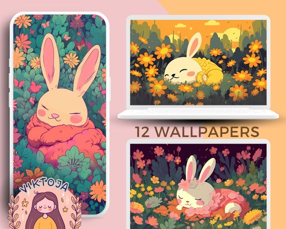 Kawaii Bunny Wallpaper Set, Phone Backgrounds (Digital Download)