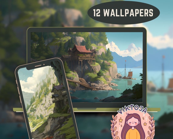 Studio Ghibli Fjord Wallpaper Set: Anime Nature Screensaver (Digital Download)